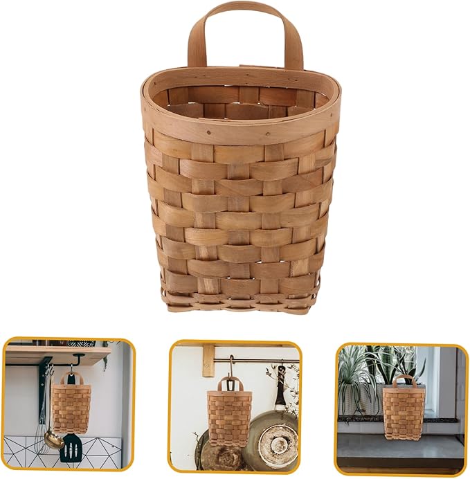 Garneck Wall Hanging Woven Storage Basket Wood Wall Mounted Organizer with Handle Compact Nordic Style Storage Bin for Kitchenware Makeup Tools and Keys Carbonized Color