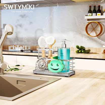 SWTYMIKI Kitchen Sink Caddy Organizer, Smiley Face Sponge Holder for Kitchen Sink, Instant Drying Sponge Holder with High Dish Brush Holder Organizer for Countertop, Silver