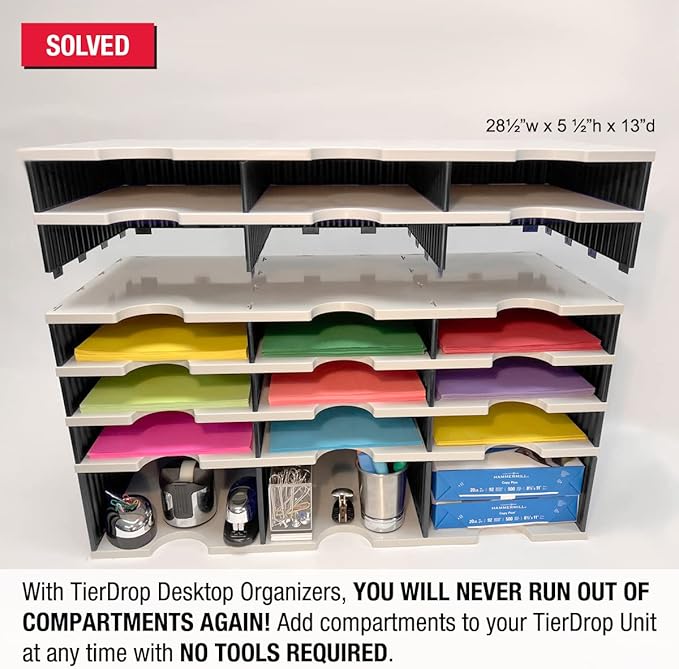 Ultimate Office TierDrop Standard 6-Compartment (add-on Module) - Sorts Documents, Forms & Mail - Durable Construction Features Expandable, Modular, No-Tool Assembly Design (Gray w/Black)