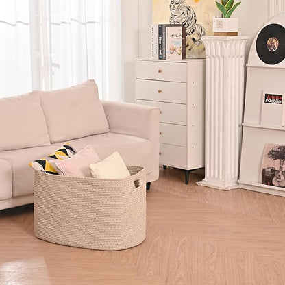 Large Storage Basket for Organizing, Blanket Basket for Living Room, Large Toy Baskets for Storage, Woven Cotton Rope Baskets for Blankets, Clothes, Shoes, Brown, 25”x16”x16” (105L)