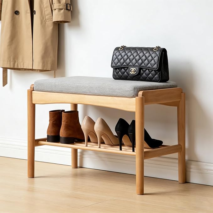 23.62" Solid Wood Entryway Shoe Rack Bench with Cushion, Mid-Century Modern Shoe Storage Bench for Hallway, No Assembly Shoe Organizer for Living Room, Bedroom, Mudroom,Front Door (Gray)
