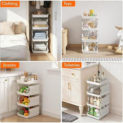 Lifewit Plastic Stackable Storage Baskets, 4 Tier Stacking Bins for Food and Clothes, Multifunctional Organizer for RV, Kitchen, Playroom, Pantry, White, 35 x 30 x 72 cm/14 x 12 x 28 inch, 2 Pack