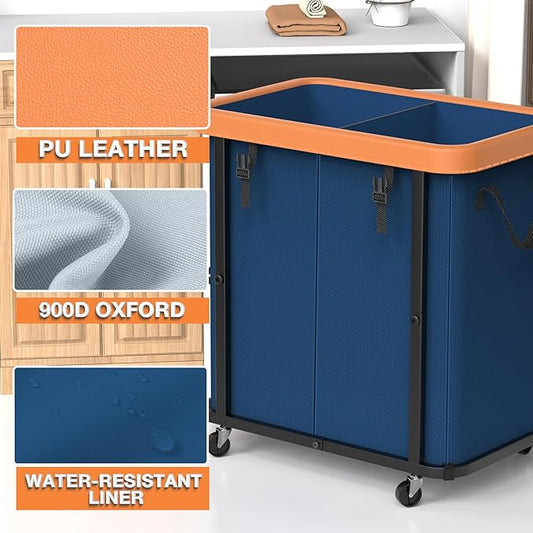 190L (50 Gal) Large Fashion Laundry Basket with Wheels, Leather Patchwork Rolling Hamper Carts, Sturdy Metal Frame, Removable Washable Bag, Tall Clothes Sorter for Bedroom, Laundry Room - Navy Blue