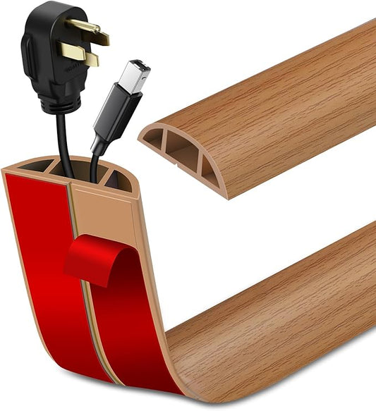 Floor Cord Cover Self Adhesive Cord Hider Floor Extension Cord Covers for Floor Power Cord Protector Cable Management Prevent Cable Trips Cable Cavity 0.51" W x 0.31" H (Light Brown Wood, 3.3Ft)