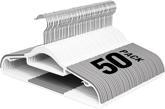 UEAKPIC Plastic Hangers 50 Pack, 16.5 in Heavy Duty Clothes Hangers with 360° Swivel Hook, Non-Slip Bar & 0.2" Ultra-Slim Space-Saving Organizers for Coats, Pants, Suits, Shirts, White & Dark Gray