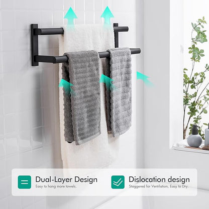 BAGNOLUX Double Towel Bar, SUS304 Towel Racks for Bathroom Wall Mounted 2-Tiers Ladder Towel Rails, Space Saving Bathroom Towel Holder Shelves Rack, Long Towel Hanger (16"-Square-Matte Black)