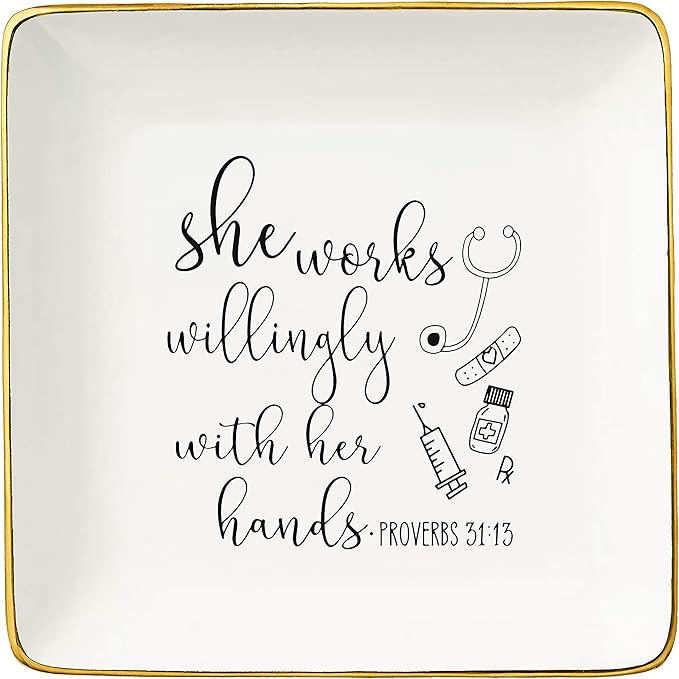Nurse Appreciation Gifts for Women - She Works Willingly with Her Hands - Nurse Week Gift Ideas for Nurse Practitioner,Pharmacy,Medical,School, Roommate - Ceramic Jewelry Holder Ring Dish Trinket Tray