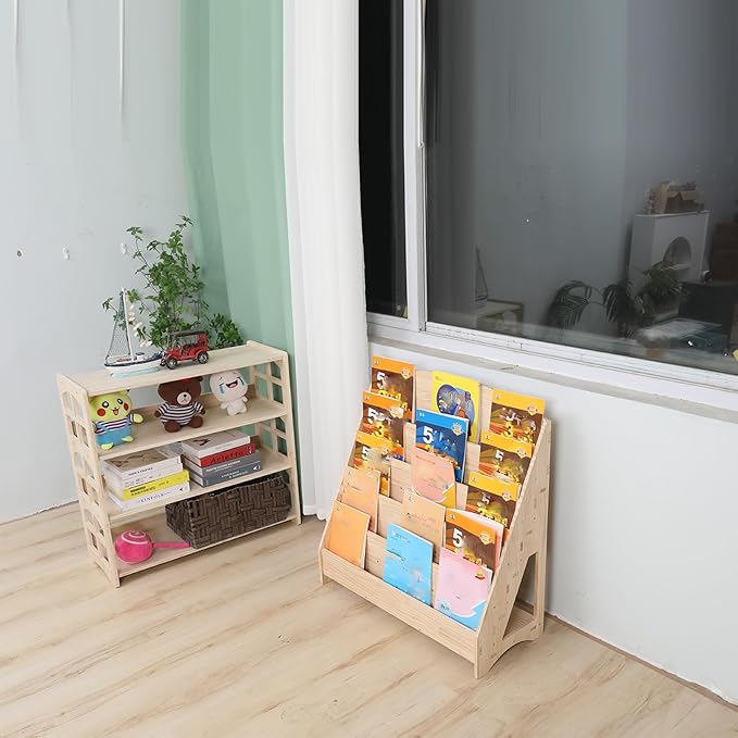 Montessori Toddler Book Shelf Organizer Single Sided Book Rack Display with Toy Storage, Children Baby Classroom Bookshelf, Kids Room bookcases cabinets & Shelves Natural Pine (31”)