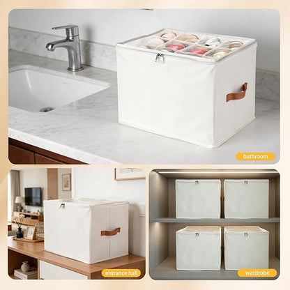 4 Pack Shoe Organizer for Closet - with Transparent Cover and Sturdy Handles shoe storage - Foldable Shoe Storage Containers Fits to 36-48 Pairs 4 Pack (Beige)