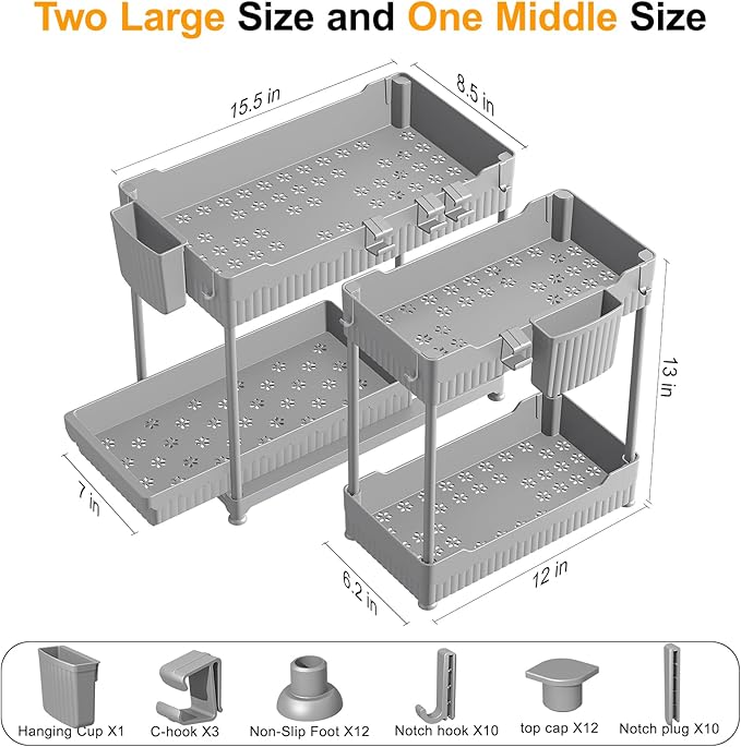 3 Pack Under Sink Organizers, 2-Tier Multi-Use Kitchen and Bathroom Organizers and Storage with Sliding Drawers，Bathroom Cabinet Organizer (Gray, 12.8 Inch)