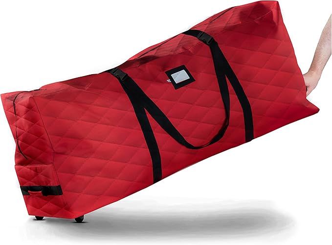 ZOBER 600D Oxford Fabric Large Rolling Christmas Tree Storage Bag - Fits 9 Ft Artificial Trees - Waterproof Christmas Tree Bag For Storage Box For Xmas, Durable Handles and Wheels - Quilted Red