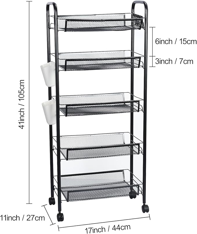 Fruit Vegetable Storage Basket,5 Tier Kitchen Storage Cart with 360 Degree Wheels, Fruit Vegetable Produce Basket Storage Organizer Stackable Metal Mesh Storage Basket for Kitchen, Pantry,