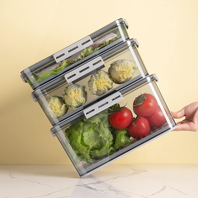Huaqinglian Fridge Produce Saver Food Storage Bin with removable Drain Tray, Stackable Refrigerator Organizer Fresh Keeper Container with timer lid For Kitchen Produce Fruit Vegetables storage (4.5L)