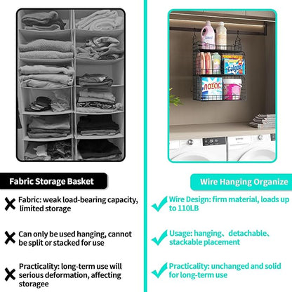 HapiRm Hanging Closet Organizer Storage - 3 Tier Metal Stackable Hanging Closet Shelves with Dividers and S Hooks, Foldable Clothes Shelves for Clothes, Pants, Shoes, Coat, Hats Clutches Accessories