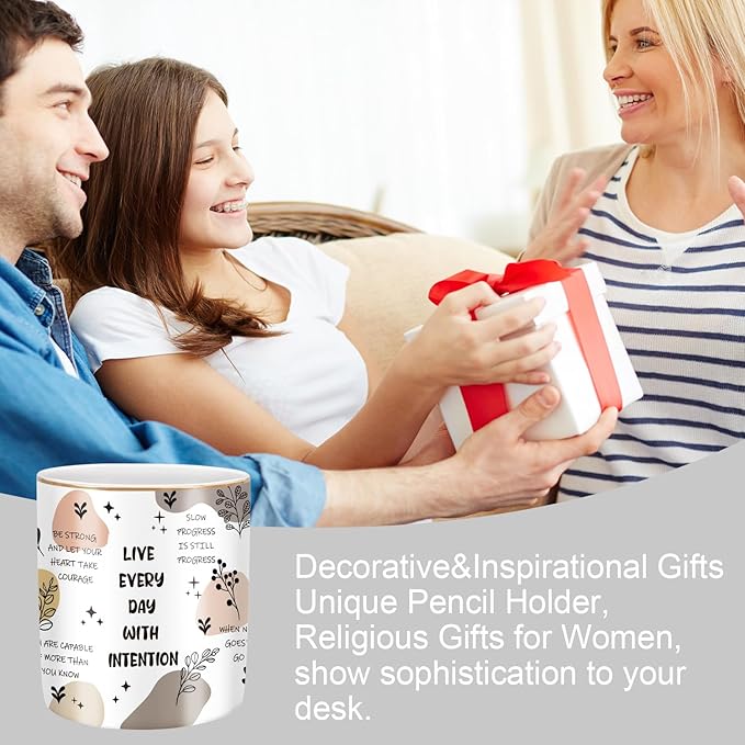 WAVEYU Cute Desk Pencils Pen Holder, Pencil Cup Holder for Desk, Ceramic Desktop Storage Pen Pencil Organizers Stationery Supplies for Office, Home, Words Pattern