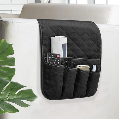 AUVCAS Sofa Armrest Organizer Non-Slip Arm Chair Bedside Caddy Storage Organizer for Recliner Couch with 5 Pockets for Cell Phone TV Remote Control Magazines (BLACK)