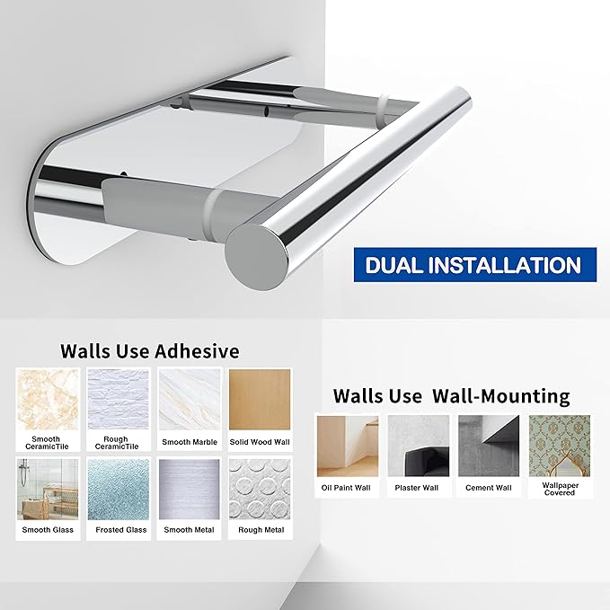 RUACQ Toilet Paper Holder, Self-Adhesive or Wall Mount, SUS304 Stainless Steel Rustproof Stick on Toilet Paper Roll Holder, No Drilling Bathroom Tissue Holder, Modern Pivoting Design (Chrome)