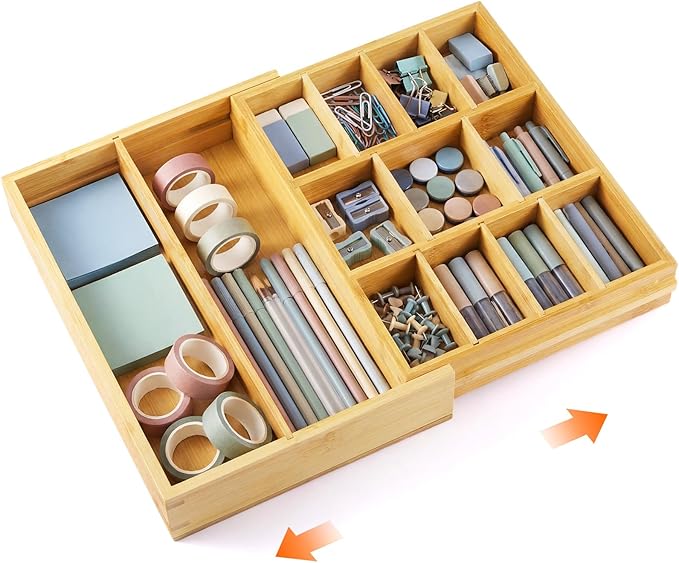 1 Pcs Bamboo Desk Drawer Organizer 2 Inch Height Expandable Drawer Organizer Trays with 13 Adjustable Compartments Desk Accessories for Makeup Silverware Office Bathroom(Wood)