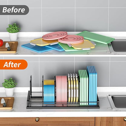 Food Container Lid Organizer for Cabinet, 6 Adjustable Dividers Metal Pot Lid Organizer, Pots and Pans Organizer Under Cabinet Storage Plastic Lids Pots Cookie Sheets for Cabinets, Cupboards, Drawers