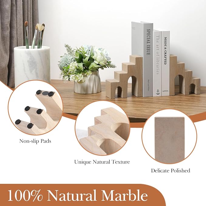 Natural Marble Book Ends for Shelves, Decorative Stone Bookends for Heavy Books, Aesthetic Castle Book Holder/Stopper for Chic Home, Office, or Library Decor, Ideal for Any Bookshelf, Set of 2