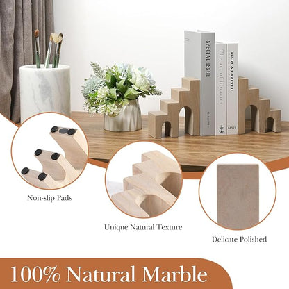 Natural Marble Book Ends for Shelves, Decorative Stone Bookends for Heavy Books, Aesthetic Castle Book Holder/Stopper for Chic Home, Office, or Library Decor, Ideal for Any Bookshelf, Set of 2