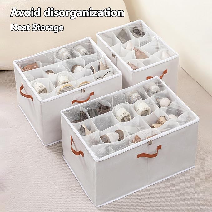 SLDYH Shoe Organizer for Closet, Tidy Up and Organize, Shoe Storage Easy to Store and Search, 12-20 Grid Fabric Shoe Box with Clear Cover (Grey, 16 Grids)
