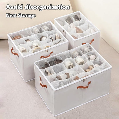 SLDYH Shoe Organizer for Closet, Tidy Up and Organize, Shoe Storage Easy to Store and Search, 12-20 Grid Fabric Shoe Box with Clear Cover (Grey, 16 Grids)