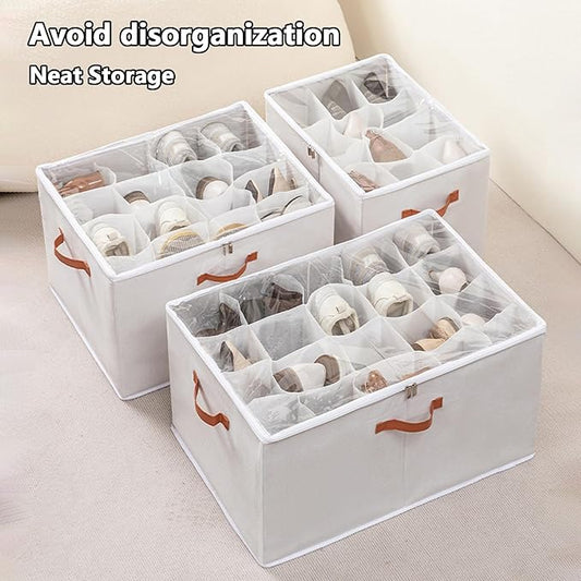 SLDYH Shoe Organizer for Closet, Tidy Up and Organize, Shoe Storage Easy to Store and Search, 12-20 Grid Fabric Shoe Box with Clear Cover (Grey, 16 Grids)