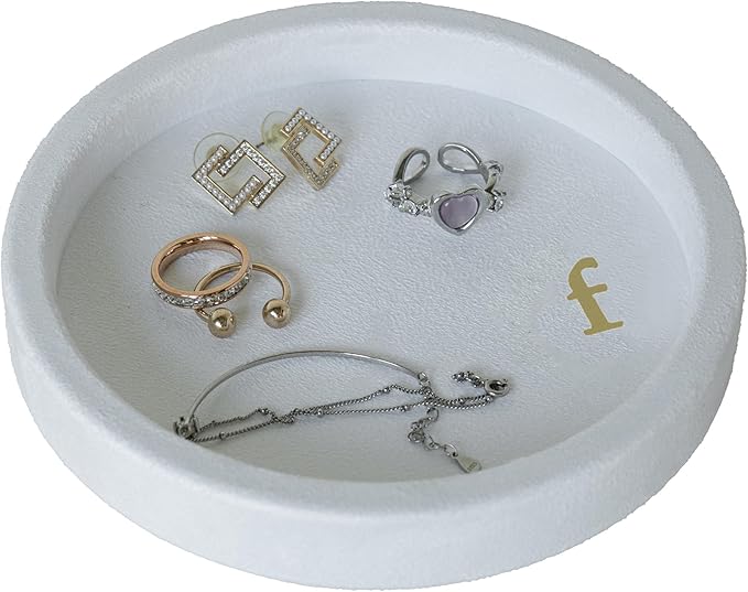 COLLECTIVE HOME - Velvet Jewelry Tray, 6" Monogrammed Jewelry Dish, Smooth Velour Display Dish for Rings, Earrings, Necklaces, Makeup, Personalized Gifts for Women (White-f)