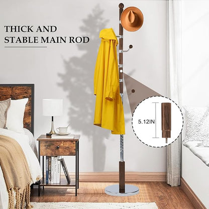 Wood Coat Rack Freestanding, Natural Coats Tree Stand with 14 Hooks, 73" Sturdy and Easy Assembly Coat Rack Stand for Entryway, Hallway, Bedroom, Bags, Hats (Metal Disc Base, Cherry Swivel Hook)