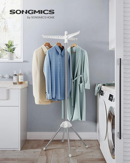 SONGMICS Clothes Drying Rack, 59-Inch Folding Laundry Drying Rack with 3 Rotatable Arms for Hangers, 4 Legs, Stainless Steel, for 27 Pieces of Clothes, White and Silver ULLR510W01