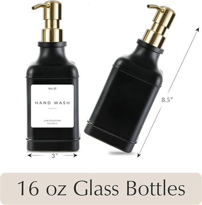 Emerson Essentials Soap Dispenser, Dish Soap Dispenser, Soap Bottle Dispenser Bathroom Set, Hand Soap Dispenser, Kitchen Soap Dispenser Set, Glass Soap Dispenser Pump + Labels | 16 Oz, 2-Pack