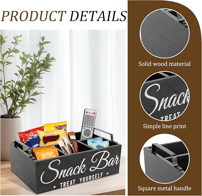 Snack Organizer for Countertop, Wood Pantry Storage Bins with Handles, Snack Bar Organizer for Pantry Shelf, 4 Compartment Food Container Box, Kitchen Storage Organizer for Nut,Chips,Beverage (Black)