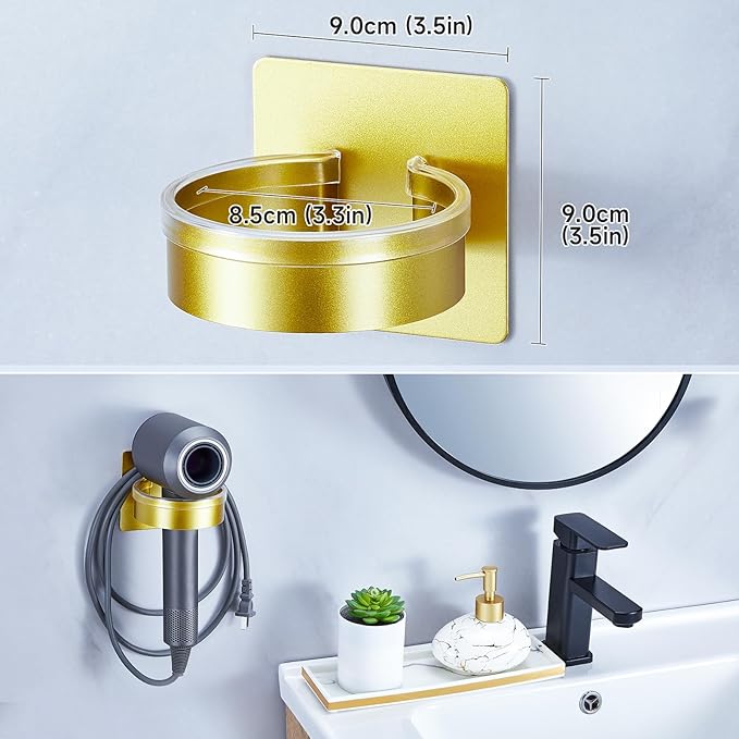 Oukimly Hair Dryer Holder Wall Mounted, Blow Dryer Holder, Hair Tool Organizer for Hair Dryer Storage Hanger, Adhesive Hairdryer Holder for Bathroom Barber Shop (Gold)