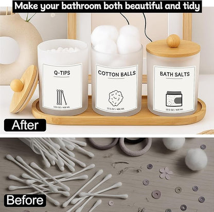 GYOSUGANG 3 PCS Qtip Holder for Bathroom, Cotton Ball Holder, with Tray, Bathroom Organizers and Storage, Bathroom Jars for Floss Picks, Cotton Swabs, Balls, Pads (Frosted)