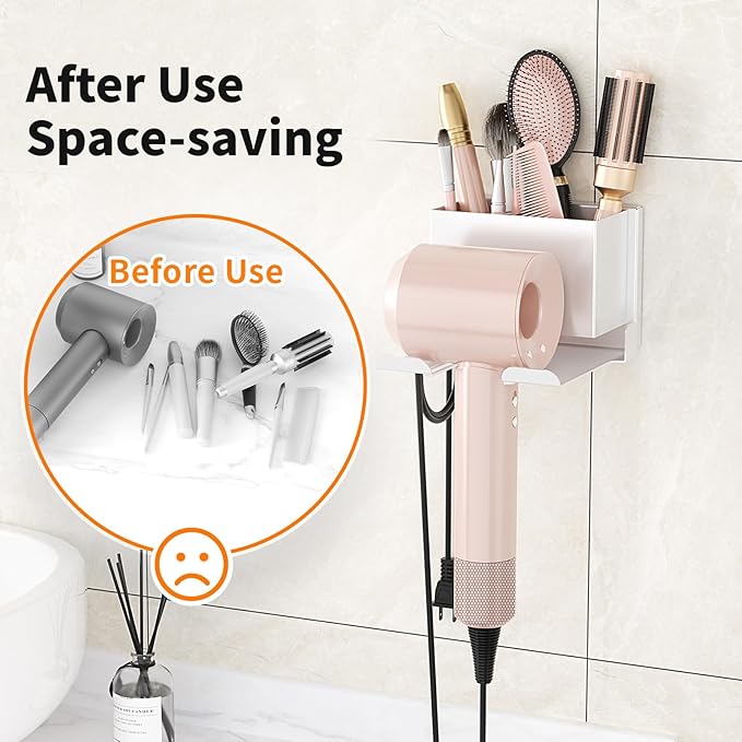 MAYZOLOP Hair Dryer Holder Wall Mounted, Hair Tools Organizer, Bathroom Space-Saving Blow Dryer Organizer Curling Irons Storage Wall Mounted White (Self-Adhesive and Drilling)