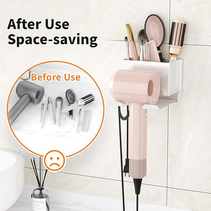 MAYZOLOP Hair Dryer Holder Wall Mounted, Hair Tools Organizer, Bathroom Space-Saving Blow Dryer Organizer Curling Irons Storage Wall Mounted White (Self-Adhesive and Drilling)