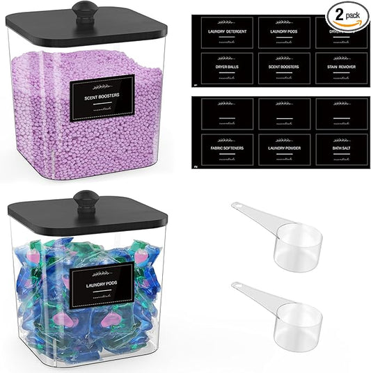 2 Pack Clear Laundry Pods Container, Plastic Square Laundry Room Organization and Storage Jars with Black Lids, Scoops & Labels for Detergent, Powder, Dryer Balls