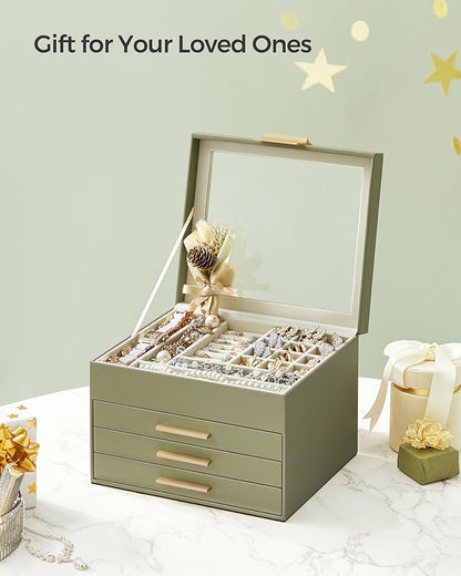 SONGMICS Jewelry Box Organizer with Glass Lid, 4-Layer Jewelry Storage, with 3 Drawers, Modern Style, 8 x 9.1 x 6.5 Inches, Laurel Green and Gold Color UJBC173C02