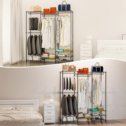 Portable Clothes Rack Max Load 900LBS | Heavy Duty Closet Wardrobe | 68.1" W x 14.6" D x 76.3" H | Freestanding Clothing Rack with 4 Hang Rods & 8 Shelves | Black