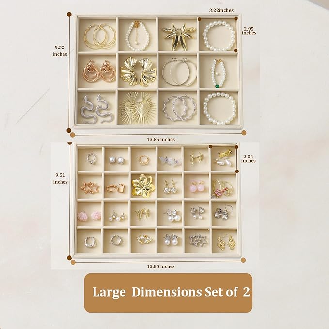 KATISYIO Large Velvet Jewelry Tray 2 Pack Stackable Jewelry Display Drawer Inserts Trays Organizer for Earring Bracelet Necklace Ring (Beige, 12 Grids+24 Grids)