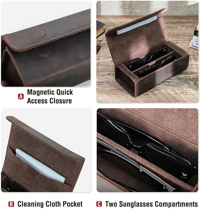 CataPurus Sunglasses Organizer Case for Man & Woman, Top Grain Leather & Handmade, Portable Travel Eyeglasses Storage Holder
