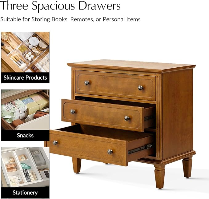 HULALA HOME 3 Drawer End Table with Charging Station, Wooden Drawer Organizer with Wood Legs, Mid Century Modern End Table, Acorn