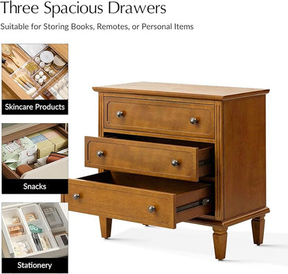 HULALA HOME 3 Drawer End Table with Charging Station, Wooden Drawer Organizer with Wood Legs, Mid Century Modern End Table, Acorn