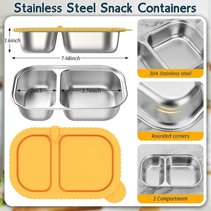 3 Pack Stainless Steel Snack Containers with Silicone Lids, Meal Prep Containers, Reusable 2 Compartment Food Storage Containers, Stainless Steel Box for Lunch, Office, Travel