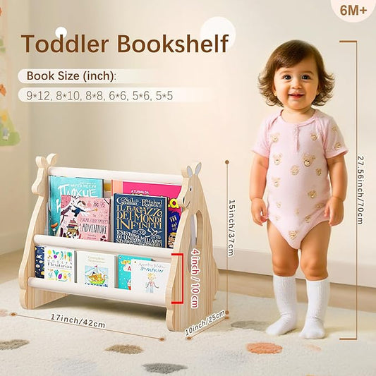 Double Sided Kids Bookshelf –2 Tier Portable Toddler Bookshelf,Book Shelf for Kids Rooms & Playroom,Wooden Montessori Baby Bookshelf,Toddler Book Display Shelves (Nature, Kangaroo)