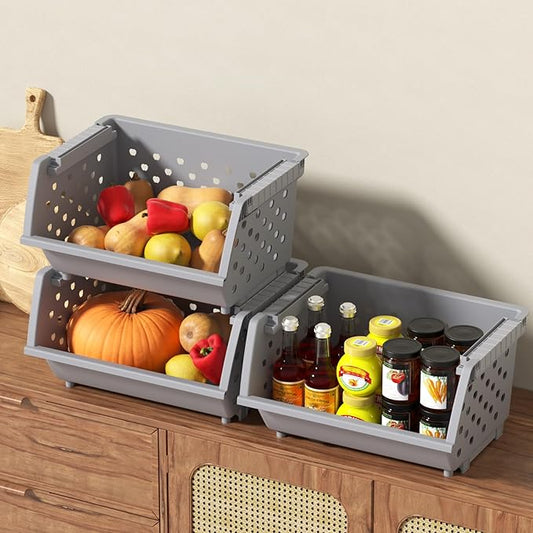 4 Packs Plastic Stackable Storage Bins, Large Stacking Storage Baskets, Gray
