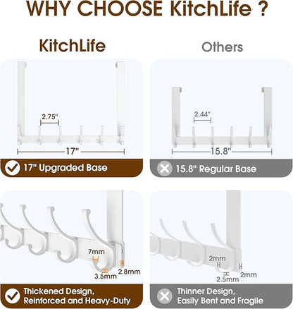 KitchLife Long Over The Door Hooks Hanger with 15.75" Extended Arms, Fits 1 3/4" Doors, F40U, 6 Double-Hanger Design Thickened Heavy Duty Bathroom Towel Rack Organization, Glossy White, 1 Pack