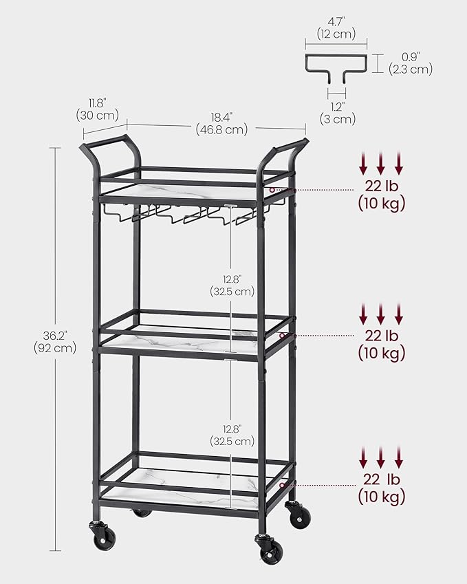 VASAGLE Bar Cart with 3-Tier Shelf, Wine & Glass Holders, Mini Bar for Small Spaces, Black