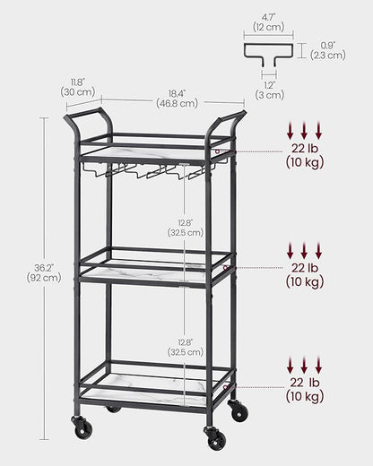 VASAGLE Bar Cart with 3-Tier Shelf, Wine & Glass Holders, Mini Bar for Small Spaces, Black